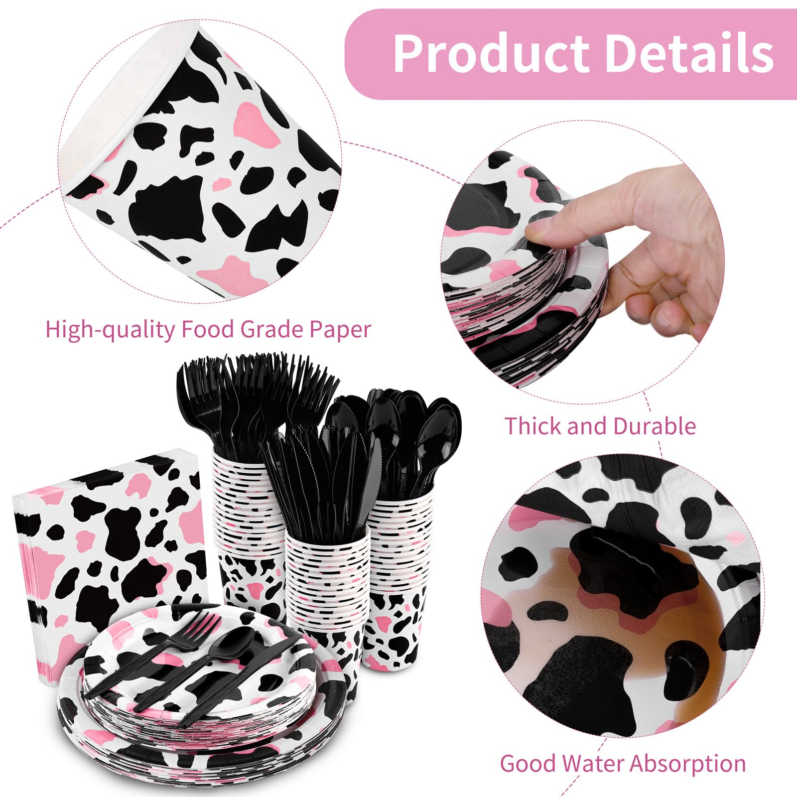 durony 350 Pieces Pink Cow Print Party Tableware Set Including Cowgirl Pink Cow Party Plates Cups Napkins Knives Forks Spoons Serves 50 for Baby Shower Farm Cow Party Decorations