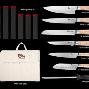 SYOKAMI Chef Knife Set, 14pcs Japanese Kitchen Knife Set with Roll Bag, Pakkawood Handle, High Carbon Stainless Steel Professional Kitchen Knives for Camp Travel Outdoor