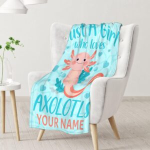 Personalized Axolotl Blanket Gifts with Name - 40x50 Inches Cute Throw Blanket for Girls - Blue Soft Fuzzy Blankets for Bed, Couch & Living Room