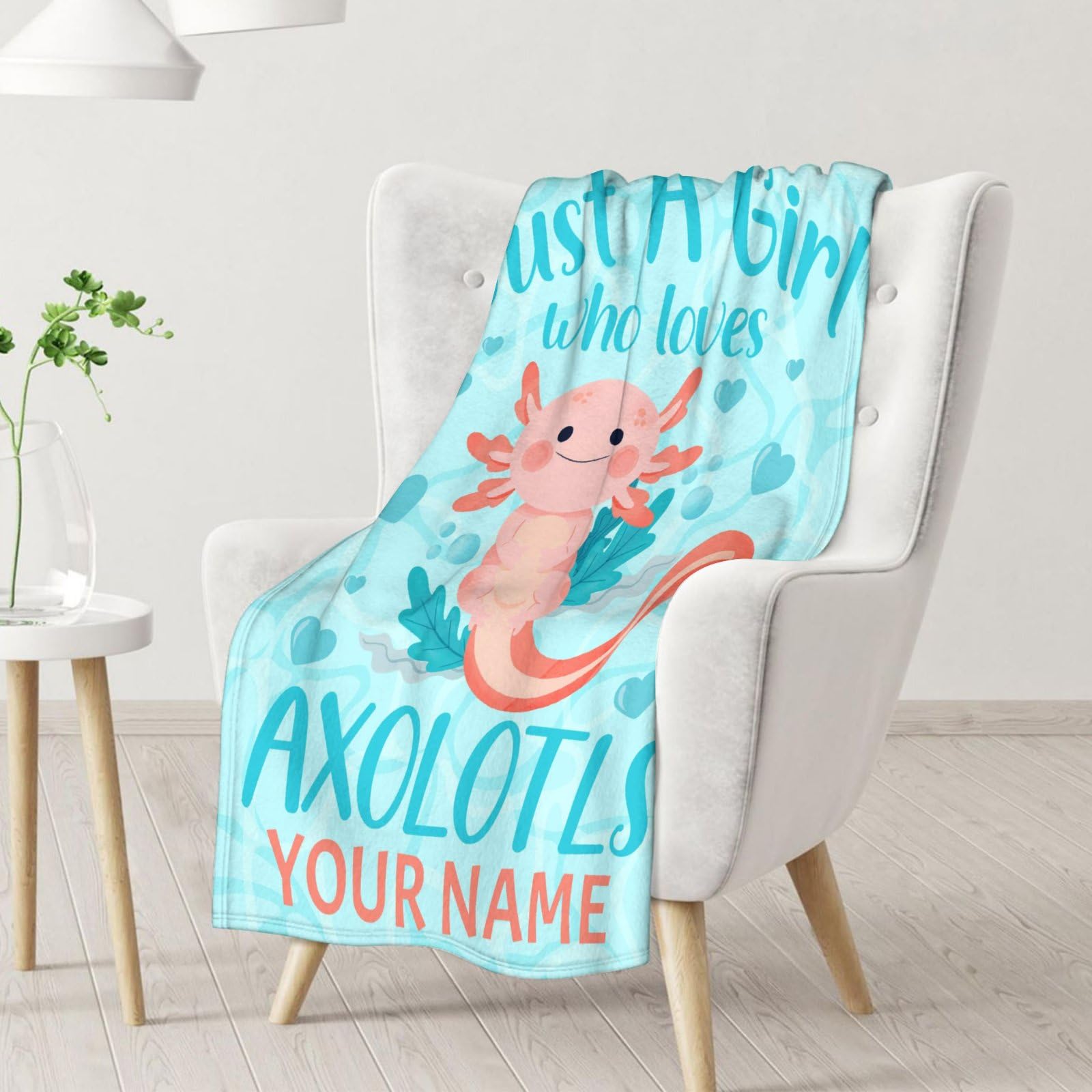 Personalized Axolotl Blanket Gifts with Name - 40x50 Inches Cute Throw Blanket for Girls - Blue Soft Fuzzy Blankets for Bed, Couch & Living Room