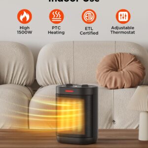 1500W Small Space Heater, Electric Heaters for Indoor Use, PTC Ceramic Space Heater with Adjustable Thermostat, Portable Space Heater for Bedroom and Office Desk Use, 3 Modes, Safety Quiet Heating