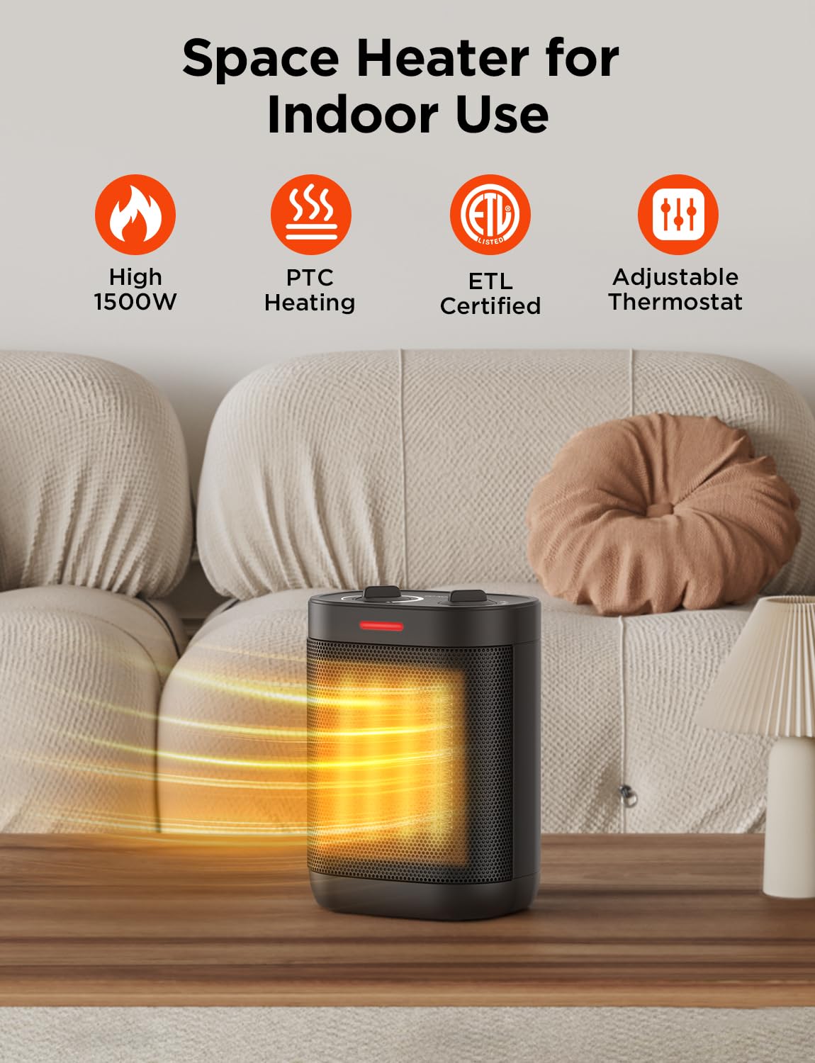 1500W Small Space Heater, Electric Heaters for Indoor Use, PTC Ceramic Space Heater with Adjustable Thermostat, Portable Space Heater for Bedroom and Office Desk Use, 3 Modes, Safety Quiet Heating