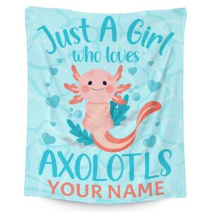 personalized axolotl blanket gifts with name - 40x50 inches cute throw blanket for girls - blue soft fuzzy blankets for bed, couch & living room