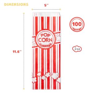 Alitte Paper Popcorn Bags (100-Pack) 2 oz Individual Servings - Leakproof Bottom, Holds 4 Cups of Popcorn - Classic Red and White Stripes, for Movie Night, Carnival, Party, Theater, and Snack Bars