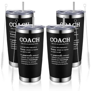 lallisa 4 pack coach gifts best coach tumbler 20 oz stainless steel coffee travel mug with lid straw and brush coach appreciation gift for volleyball basketball football coach men women (black)