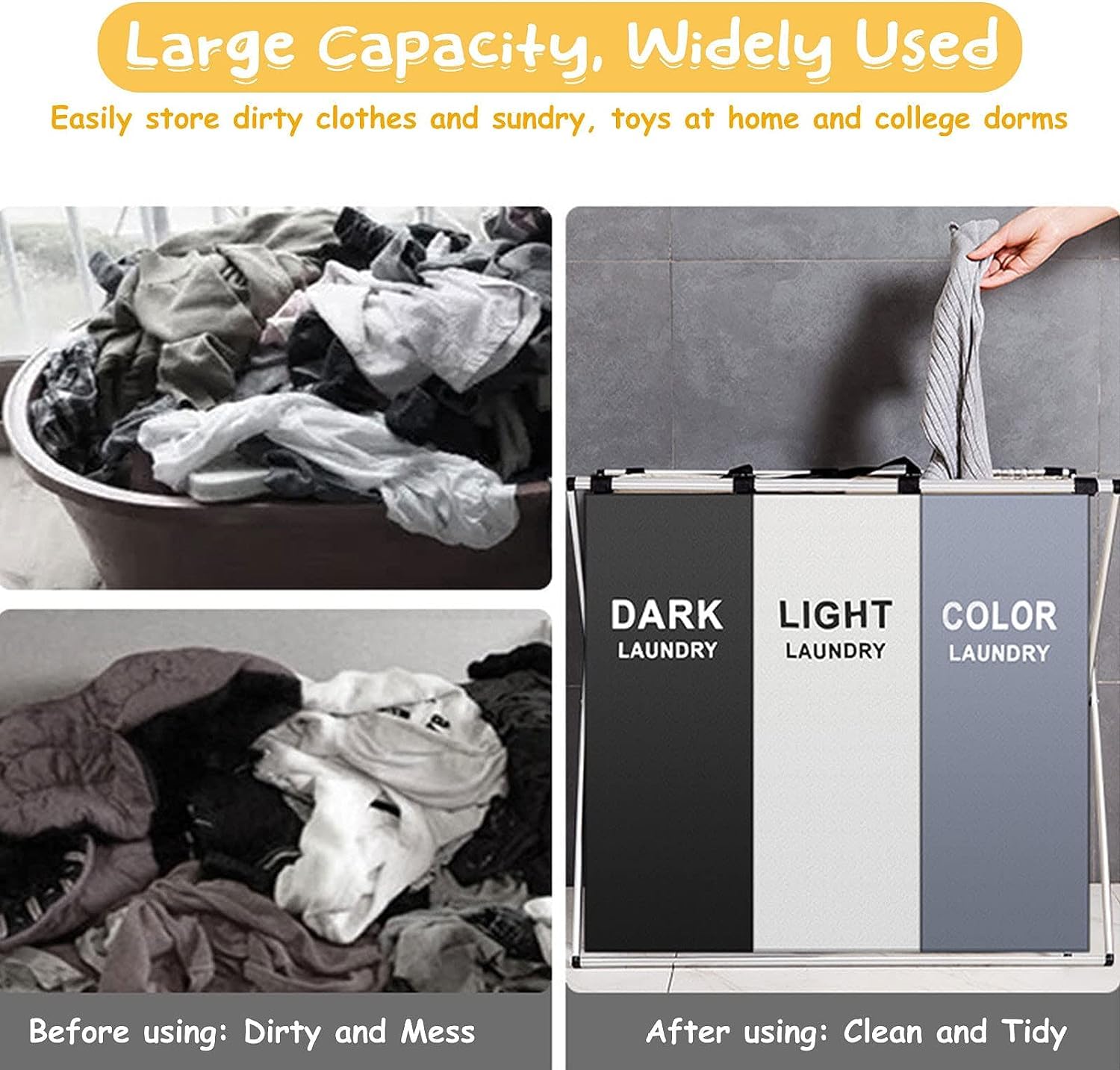 Laundry Basket,Upgraded 136L Laundry Hamper 3 Sections Laundry Bin Sorter, Waterproof & Foldable Washing Storage Bag for Dirty Clothes Toys Towel in Bathroom Bedroom Organization