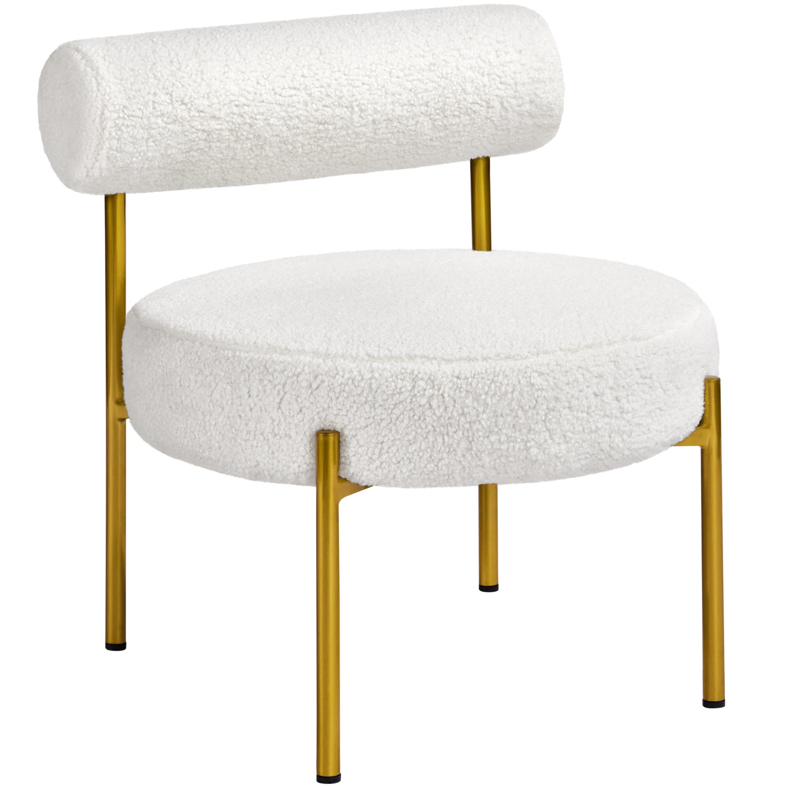 Yaheetech Boucle Accent Chair, Modern Tufted Vanity Chair, Cozy Sherpa Barrel Chair with Gold Legs, Club Chair for Living Room Bedroom Vanity Room Home Office, White