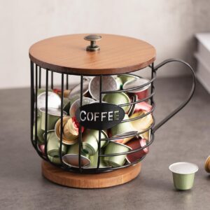 panalo rustic coffee pod holder - large capacity black wire k cup storage with wooden lid - round coffee basket decor for kitchen countertop for pods & espresso capsules (cup shape)