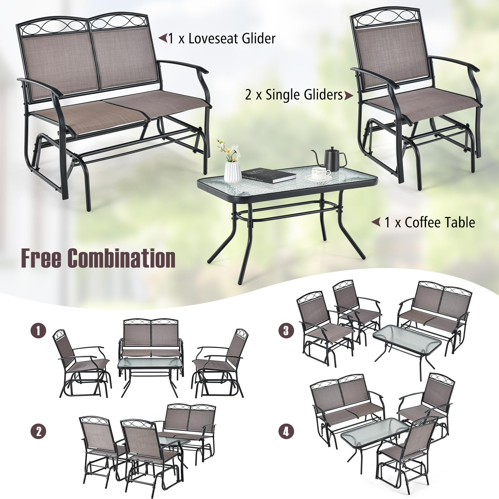 Giantex 4 PCS Outdoor Glider Chairs Set - Patio Furniture Set with Tempered Glass Table, Heavy-Duty Metal Frame, Gliding Rocking Chair, Conversation Set for Front Porch, Yard, Poolside (4 PCS, Brown)