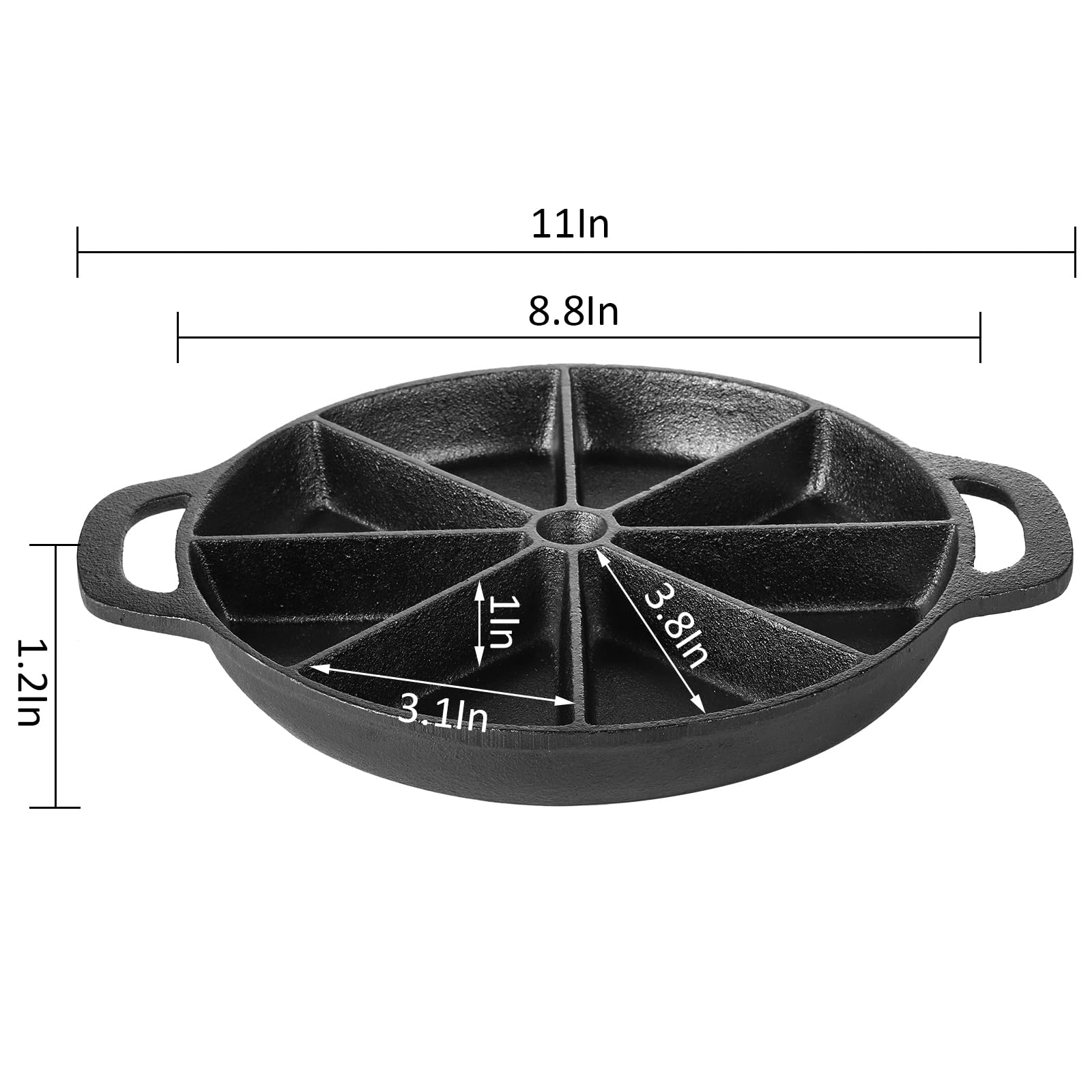 WUWEOT Cast Iron Wedge Pan, Non stick Round Corn Bread Skillet, Black 8-edges Biscuit Pan with Double Handles for Scones, Corn Stick Pan, Muffins, Cup Cakes and Brownies