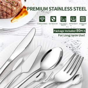 80 Pieces Silverware Set with Serving Utensils Set, CEKEE Stainless Steel Flatware Set for 12 with Steak Knives, Heavy Duty Cutlery Set, Kitchen Utensil Sets for Home Restaurant, Dishwasher Safe