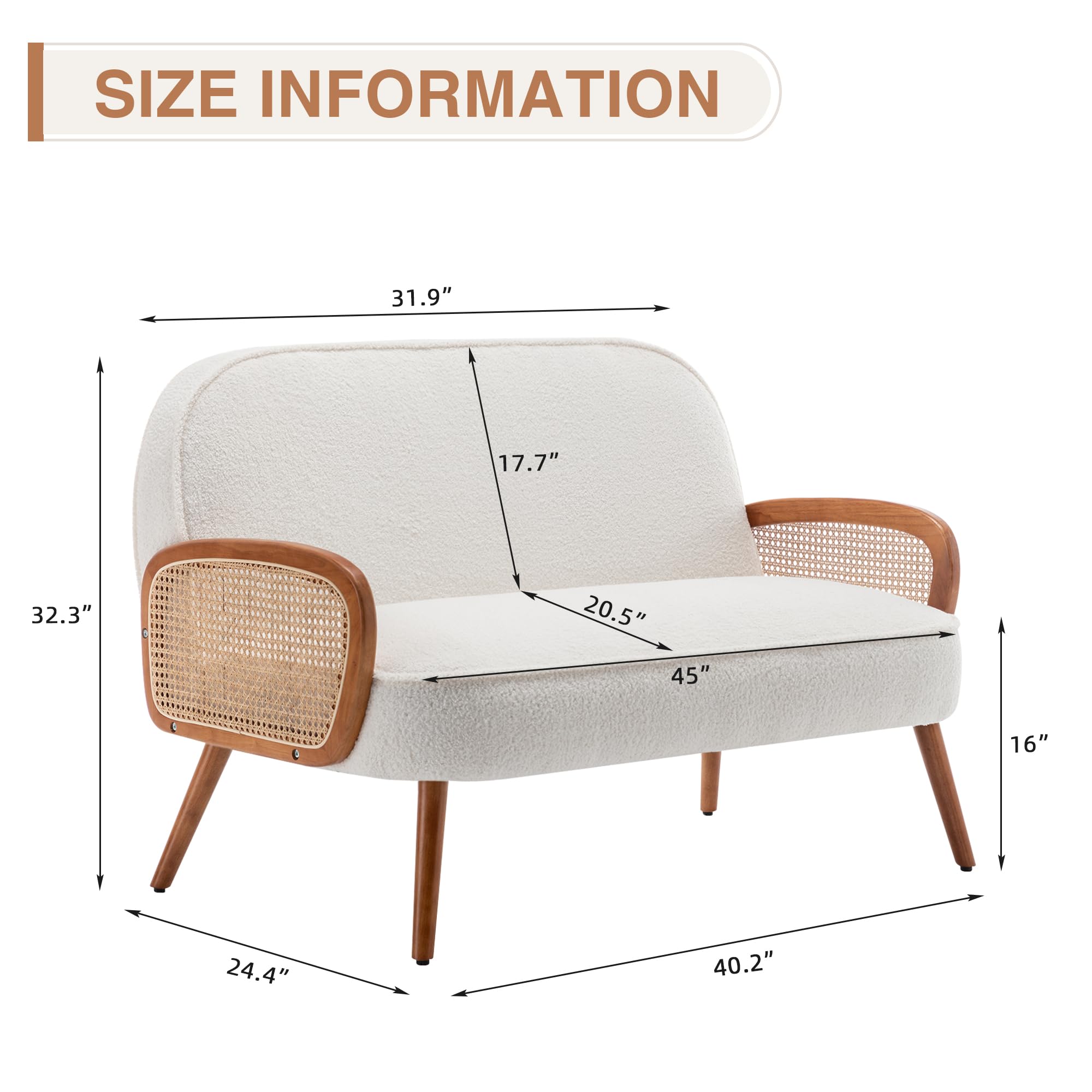 WENTMENT Loveseat Sofa Small Couch for Living Room Teddy Love Seat with Natural Rattan Armrest and Solid Wooden Legs Small Sofa for Small Space, Bedroom, Apartment（White）