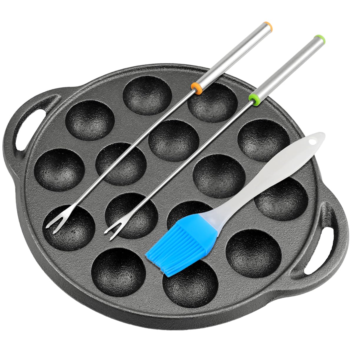 Escargot Dish Cast Iron Takoyaki Mushroom Plate with 15 Compartment Holes, Octopus Ball Maker with Forks and Brush for Snails, BBQ, and Mushroom Cooking