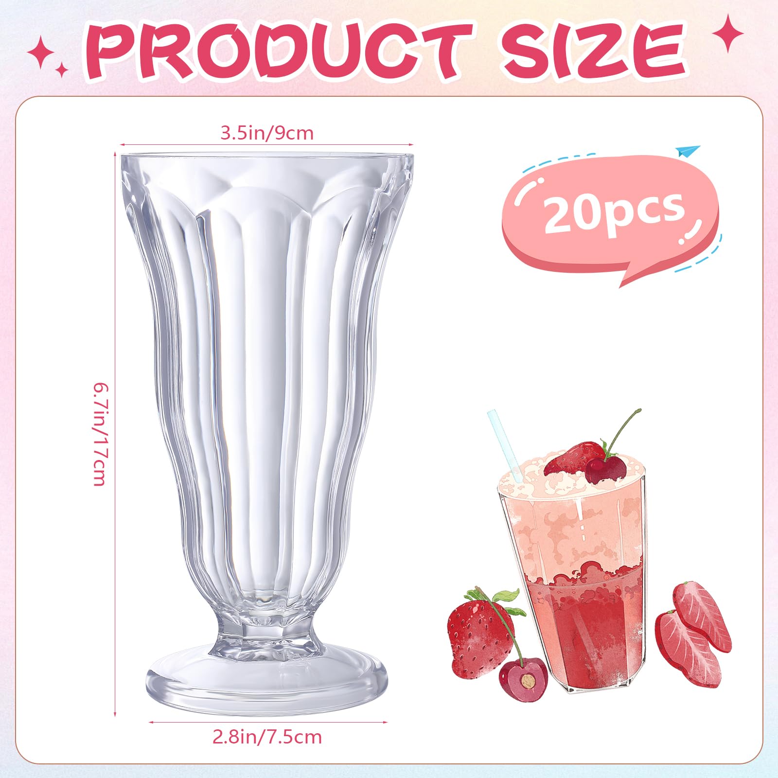 Mifoci 20 Pcs Milkshake Glasses 16 oz Old Fashioned Soda Glass Footed Ice Cream Cups Clear Shatterproof Sundae Glasses Thick Plastic Fountain Glasses for Juice Sundae Milk Tropical Drinks Party