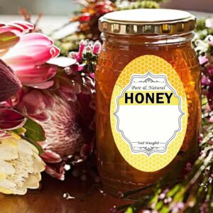 Oval Pure Natural Honey Jars and Bottles Labels 2 x 3 Inch Honey Bee Bottling Labels - Honey Farm Kitchen Name Home Business Round Mason Jar Labels for Honey Quart Jars and Honey Bears 60 Pcs