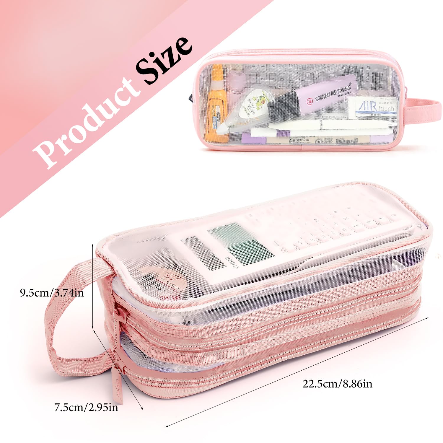 Large Grid Mesh Pencil Case 2 Compartments, Clear Pen Pencil Pouch with Zipper, Multifunction Transparent Stationery Bag for Student College Office Teen Boys Girls Makeup Bag for Adults Travel (Pink)