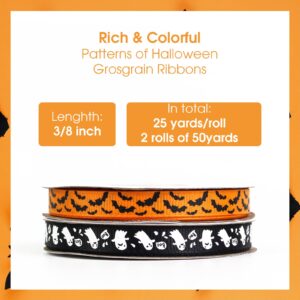 2 Rolls 50 Yards Halloween Ribbon 3/8 Inch Wide, Bat and Ghost Grosgrain Ribbon for Gift Wrapping, Halloween Decoration, Sewing, DIY Crafts (Orange/Black)