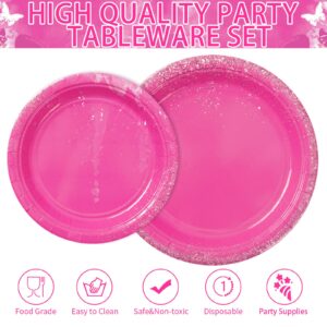 96Pcs Hot Pink Party Supplies Hot Pink Plates and Napkins Tableware Set Hot Pink Party Decorations for Pink Valentine's Day, Birthday, Wedding, Bridal Shower Party, Serves 24