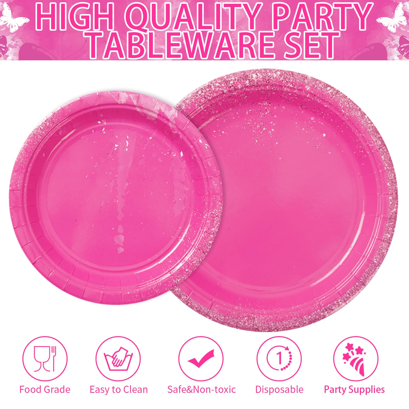 96Pcs Hot Pink Party Supplies Hot Pink Plates and Napkins Tableware Set Hot Pink Party Decorations for Pink Valentine's Day, Birthday, Wedding, Bridal Shower Party, Serves 24