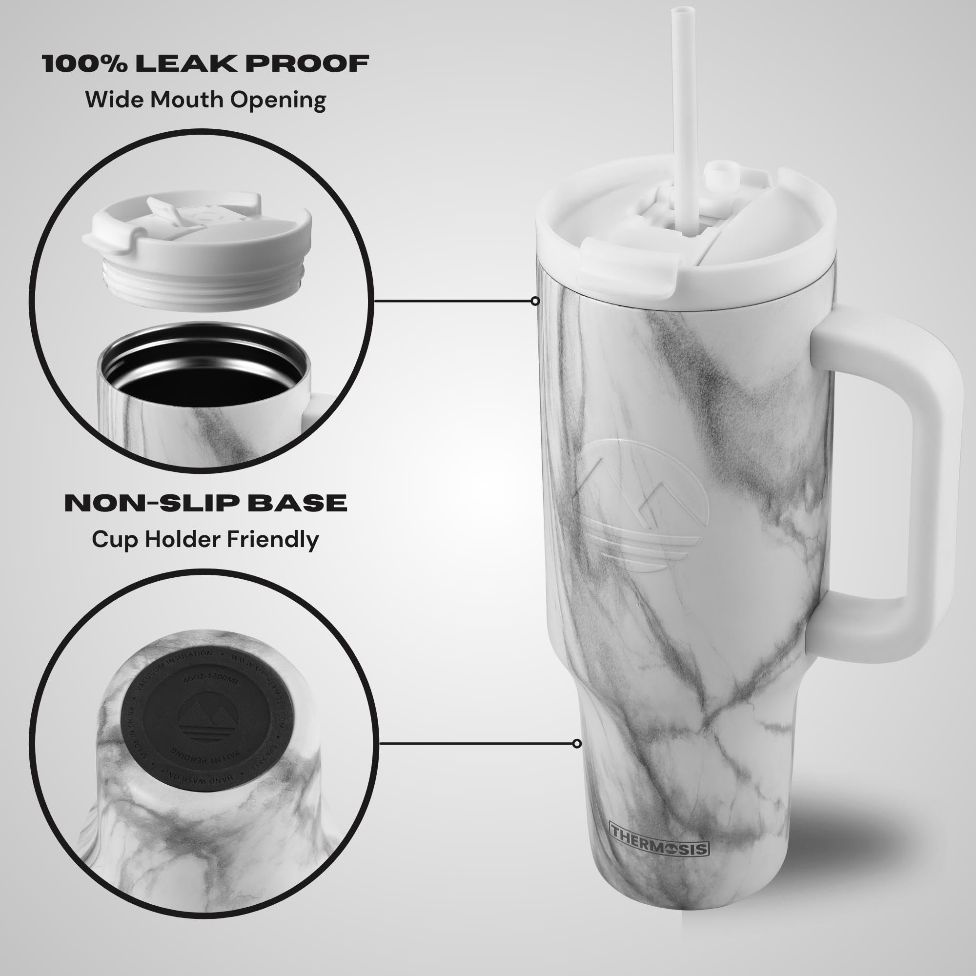 Thermosis 40 oz Tumbler with Handle and Straw | Leakproof Tumbler with Straw Insulated Travel Mug Fits Cupholders | Insulated Cup 40 oz Water Bottle with Straw Stainless Steel Tumbler - White Marble