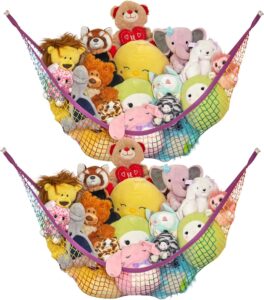 lilly's love large stuffed animal hammock | corner hanging organizer, stuffed animal storage | easy to hang plushie net w/included anchors & hooks | cute room & bedroom decor (rainbow, 2 pack)