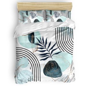 duvet cover set of 4 queen size abstract mid century comforter sets, modern geometric plants teal bedding set with zipper closure and 2 pillow cases, soft bed covers bedroom decor for all season