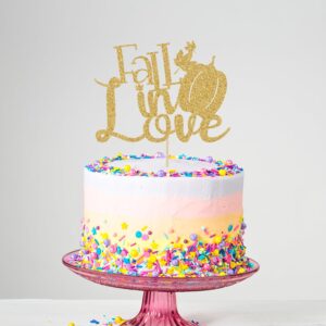 Glitter Fall in Love Cake Topper - Autumn Happy Anniversary Cake Topper, Pumpkin Wedding Engagement Bridal Shower Party Decorations Gold