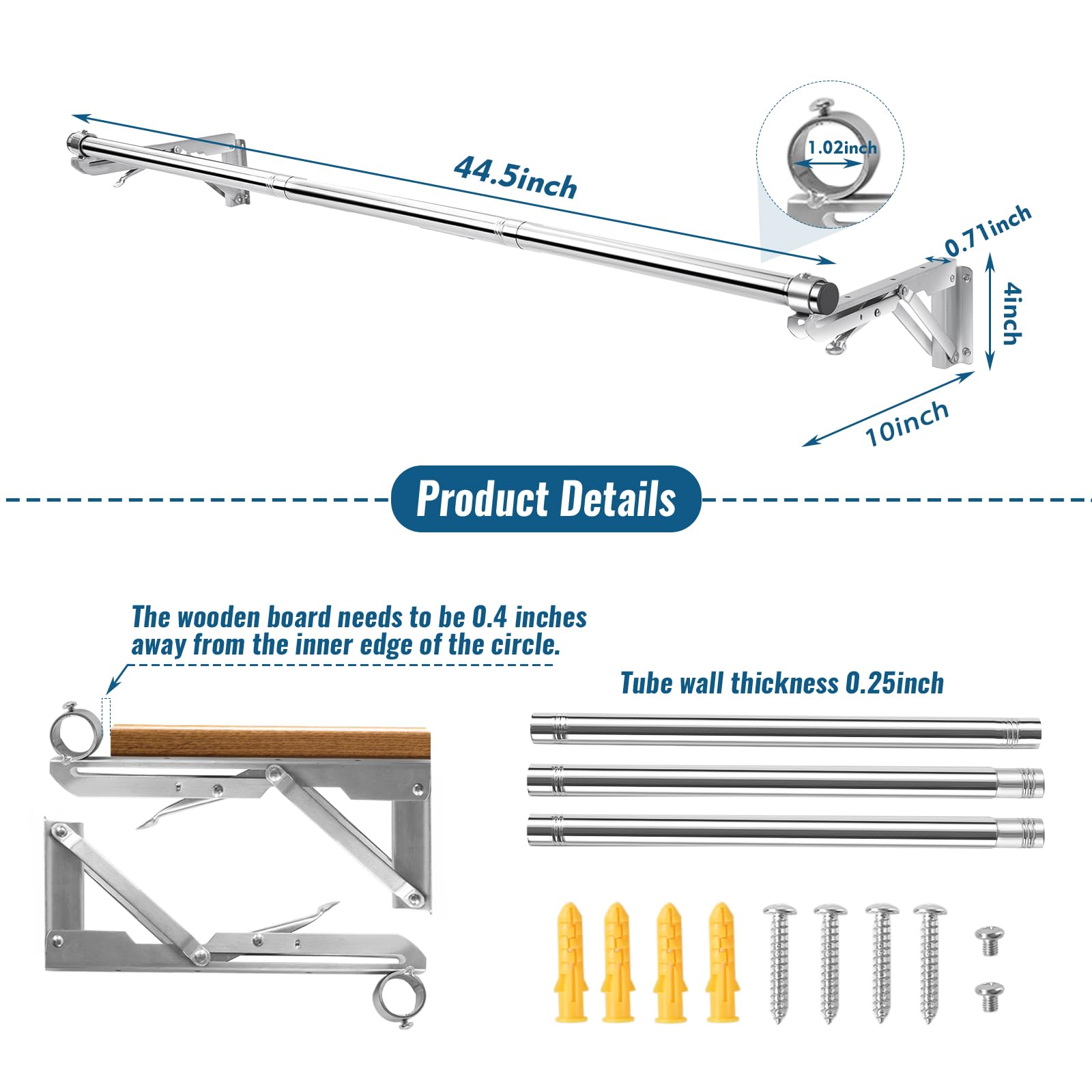 Foldable Wall Mounted Clothes Rack-44'' Long Rod&2 Bases,Stainless Steel, Heavy Duty,Detachable,Multi-Purpose for Space-Saving Garment Rack/Clothes Drying Rack/Plant Hanger,Top Shelf Room Reserved