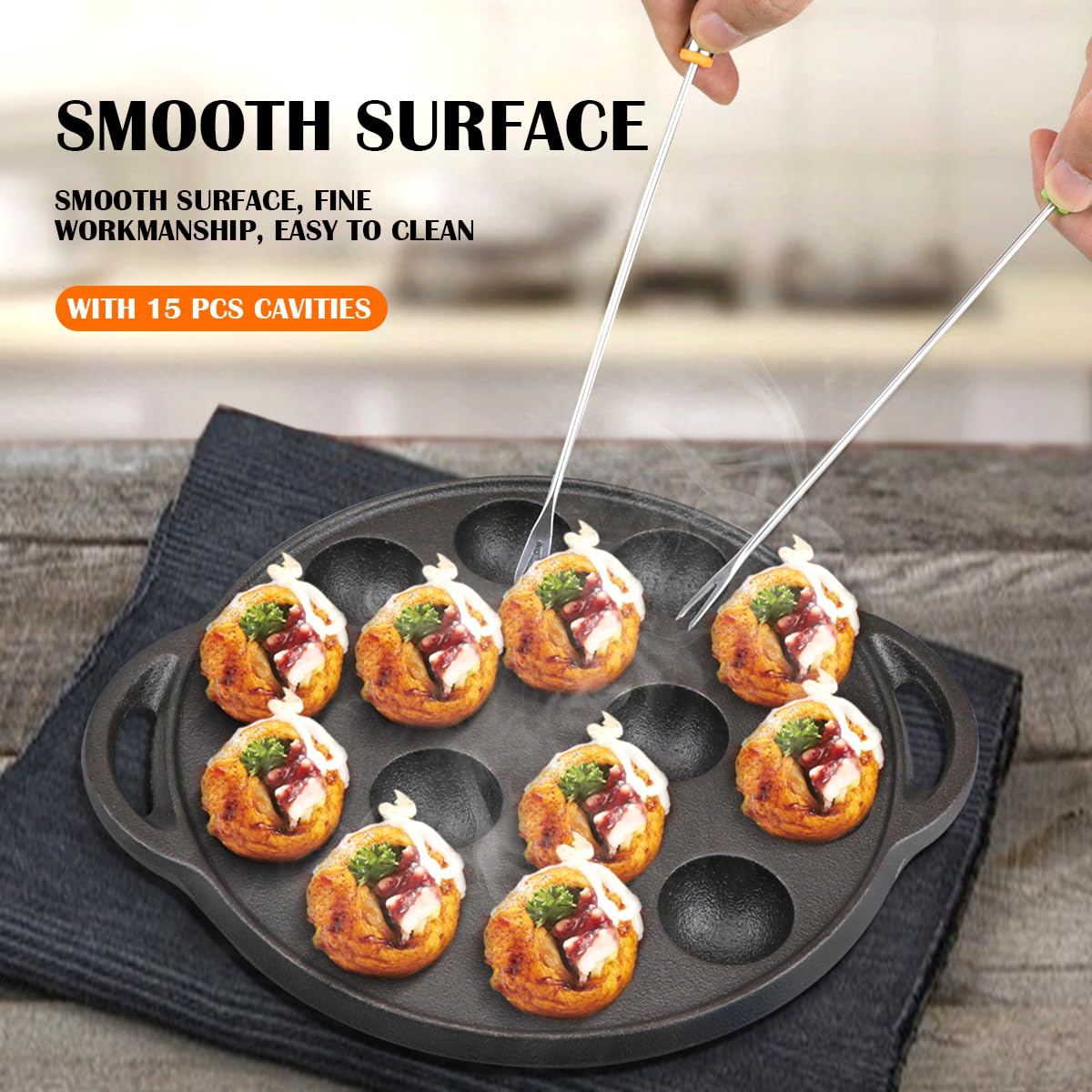 Escargot Dish Cast Iron Takoyaki Mushroom Plate with 15 Compartment Holes, Octopus Ball Maker with Forks and Brush for Snails, BBQ, and Mushroom Cooking