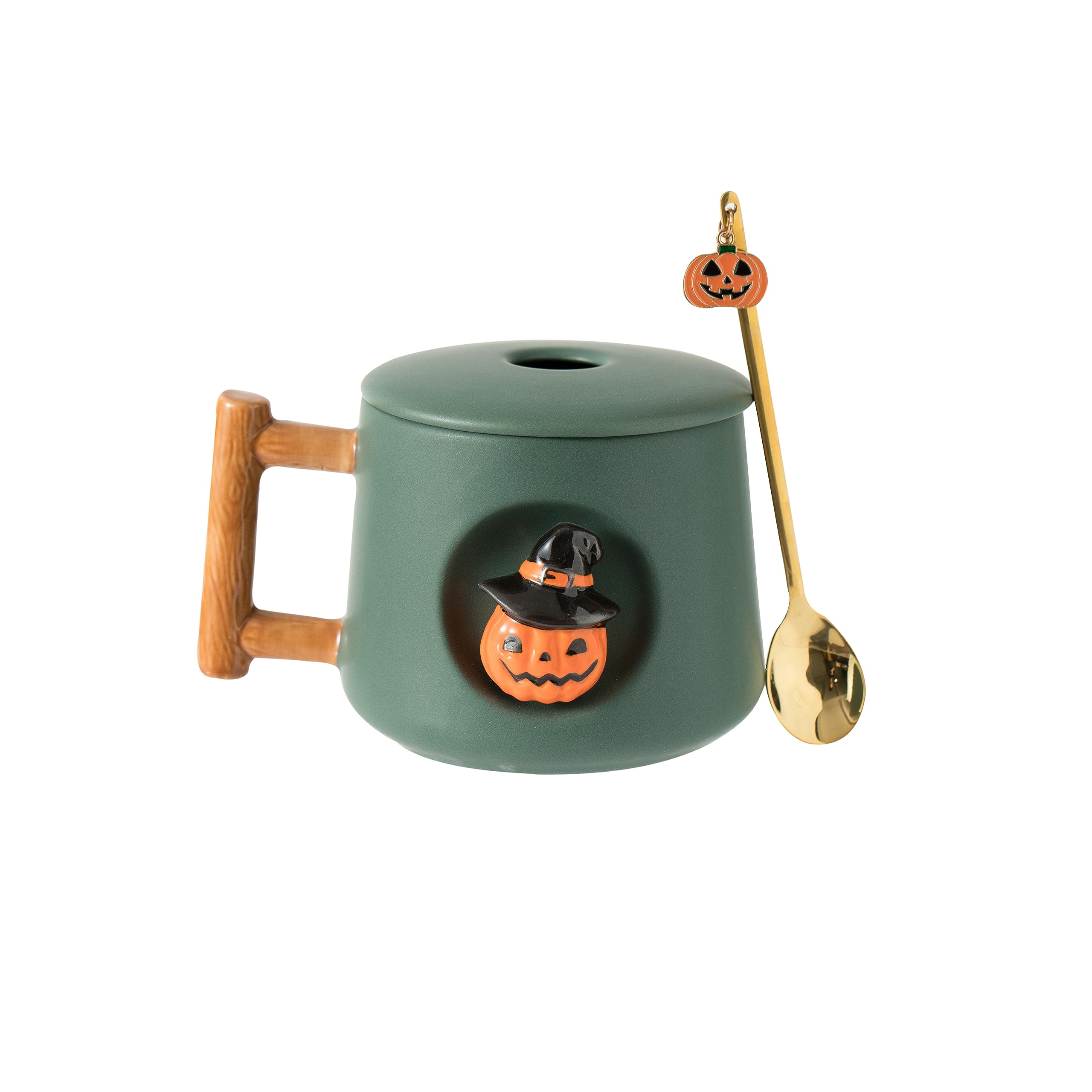 DIHOclub Adorable 3D Ceramic Pumpkin Head Mug with Lid and Spoon - Perfect for Coffee, Tea, Milk, and More - Ideal Gift for Halloween - 14 Ounces (HalloweenG)