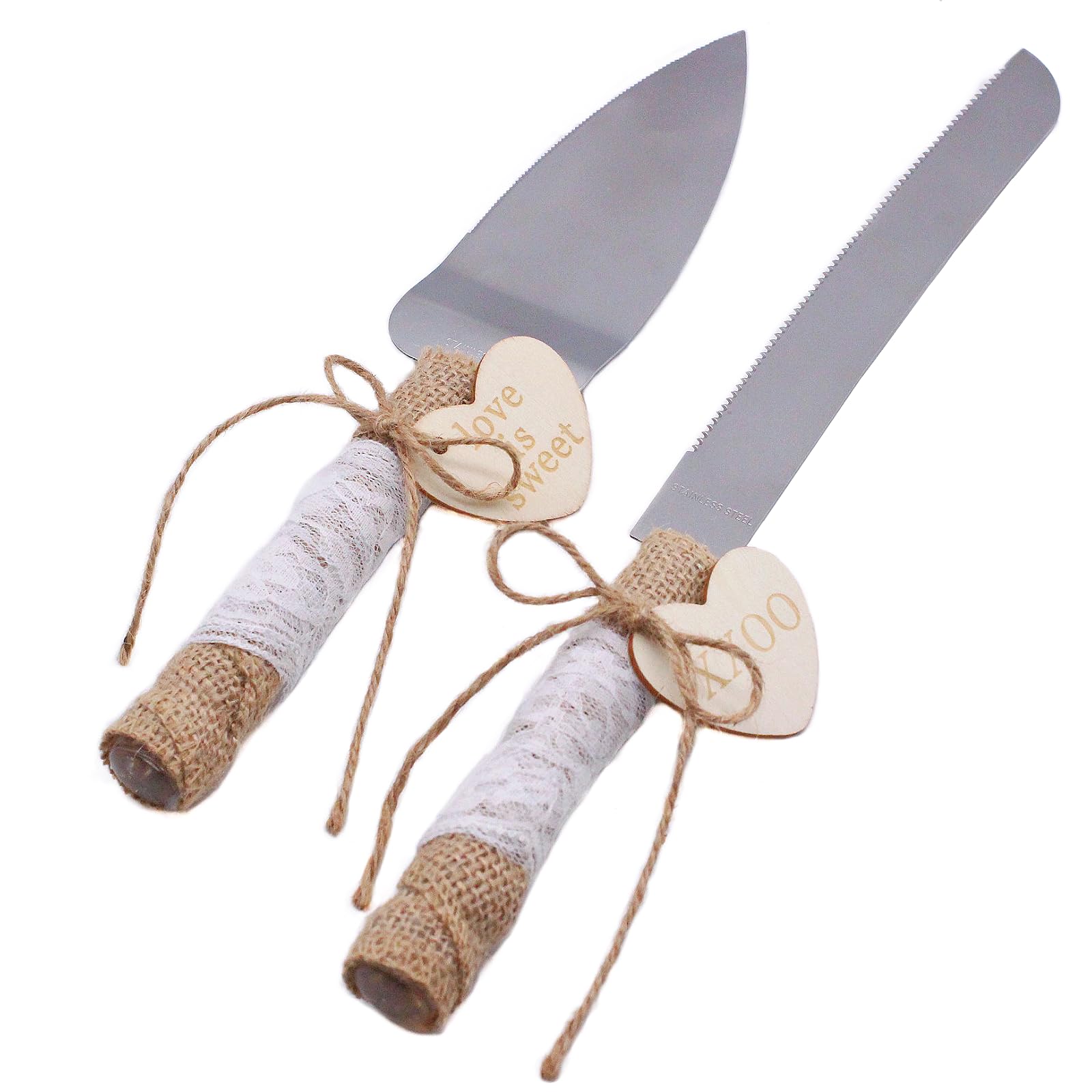 SWTOOL Wedding Cake Knife and Server Set Rustic Style Stainless Steel Cake Cutter Set with Twine Lace and Wood Tag Gifts for Bride and Groom Wedding Anniversaries Parties