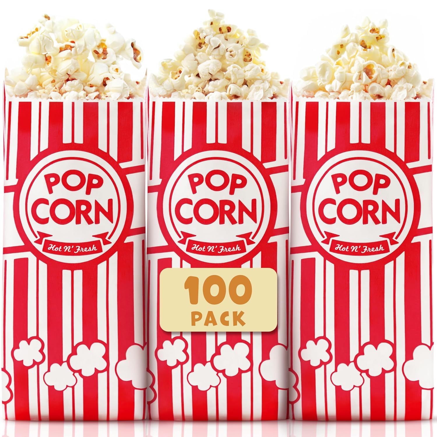 Alitte Paper Popcorn Bags (100-Pack) 2 oz Individual Servings - Leakproof Bottom, Holds 4 Cups of Popcorn - Classic Red and White Stripes, for Movie Night, Carnival, Party, Theater, and Snack Bars