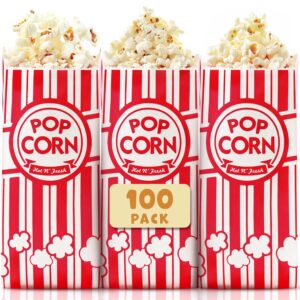 alitte paper popcorn bags (100-pack) 1 oz individual servings - leakproof bottom, holds 4 cups of popcorn - classic red and white stripes, for movie night, carnival, party, theater, and snack bars