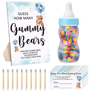 qilery 122 pcs baby shower games guess how many bears 100 guessing cards 20 pencils 1 baby bottle 1 wood standing sign for baby shower games gender reveal party decoration (blue)