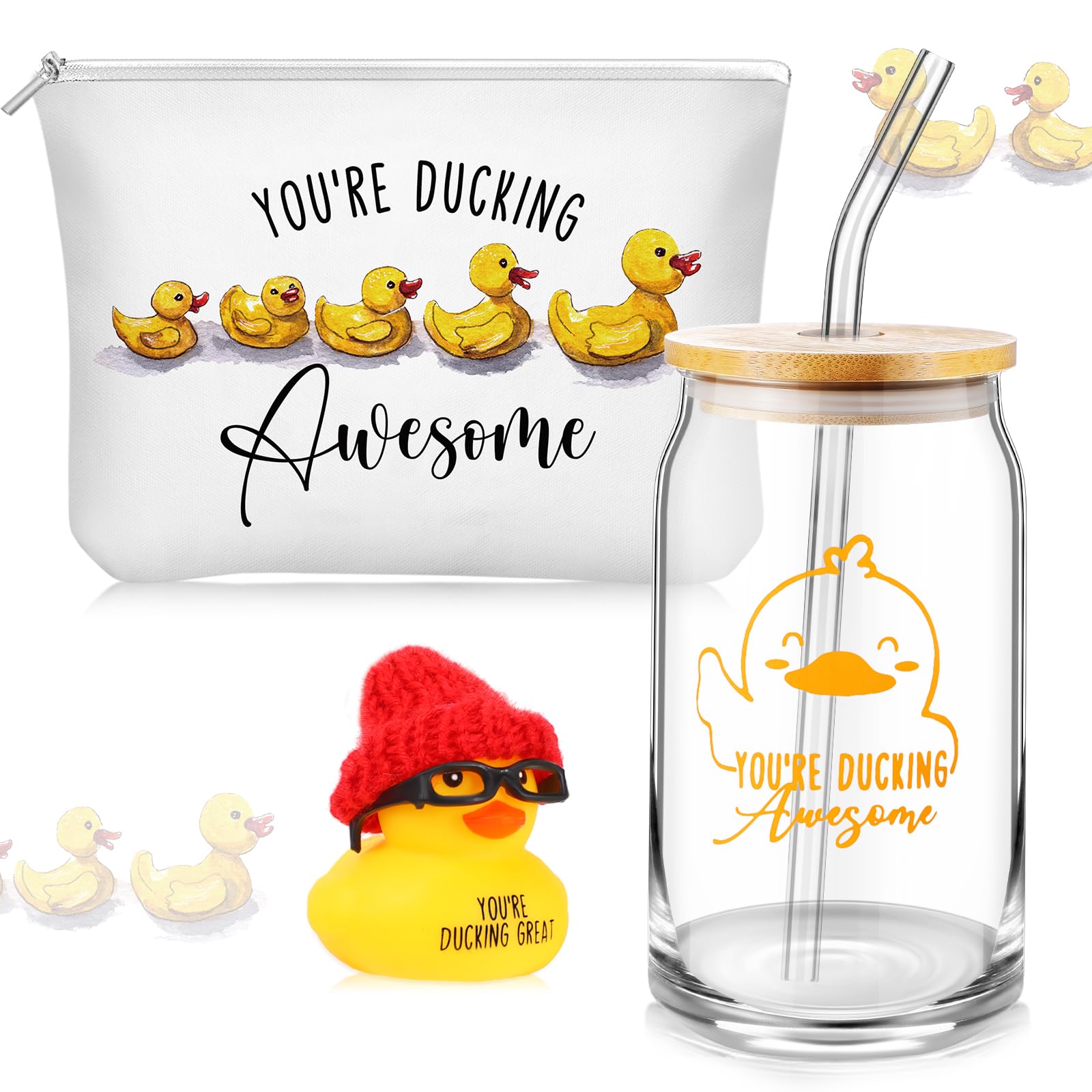 Tioncy 3 Pcs Duck Theme Inspirational Gift Employee Duck Lovers Thank You Gifts Reusable Coffee Glass Tumbler with Lid and Straw Canvas Makeup Bag for Christmas Staff teacher employee gifts