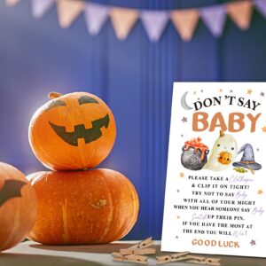 Don't Say Baby Game, Ghost Witch Pumpkin Halloween Baby Shower Game Include Baby Shower Sign and 50 Pcs Mini Clothespins, Gender Neutral Baby Shower Decoration, Party Favors Supplies-LF4