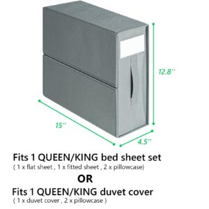 BIORM Bed Sheet Set Organizer 4 Pack, Foldable Storage Box for Queen/King Size Duvet Cover Set, Grey Linen Closet Organizer for Bed Sheets, Duvet Covers and Pillowcases