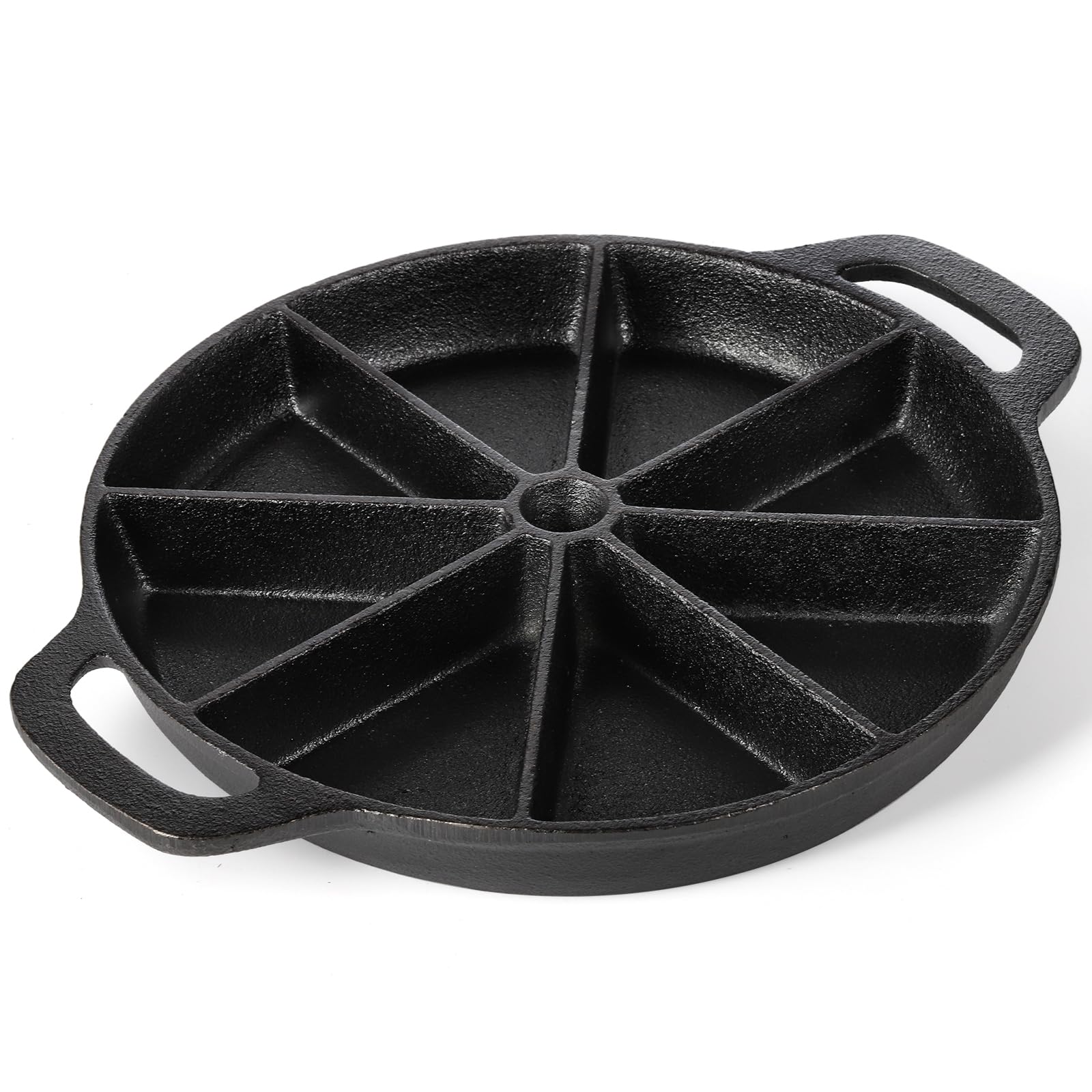 WUWEOT Cast Iron Wedge Pan, Non stick Round Corn Bread Skillet, Black 8-edges Biscuit Pan with Double Handles for Scones, Corn Stick Pan, Muffins, Cup Cakes and Brownies