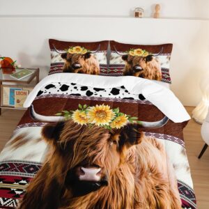 HOSIMA Highland Cow Decor Comforter with 2 Pillowcases,Animal Theme Western Bedding Sets Queen,Brown Cowhide Black White Cow Print Comforter Set for Adults Kids,Sunflower Comforter.