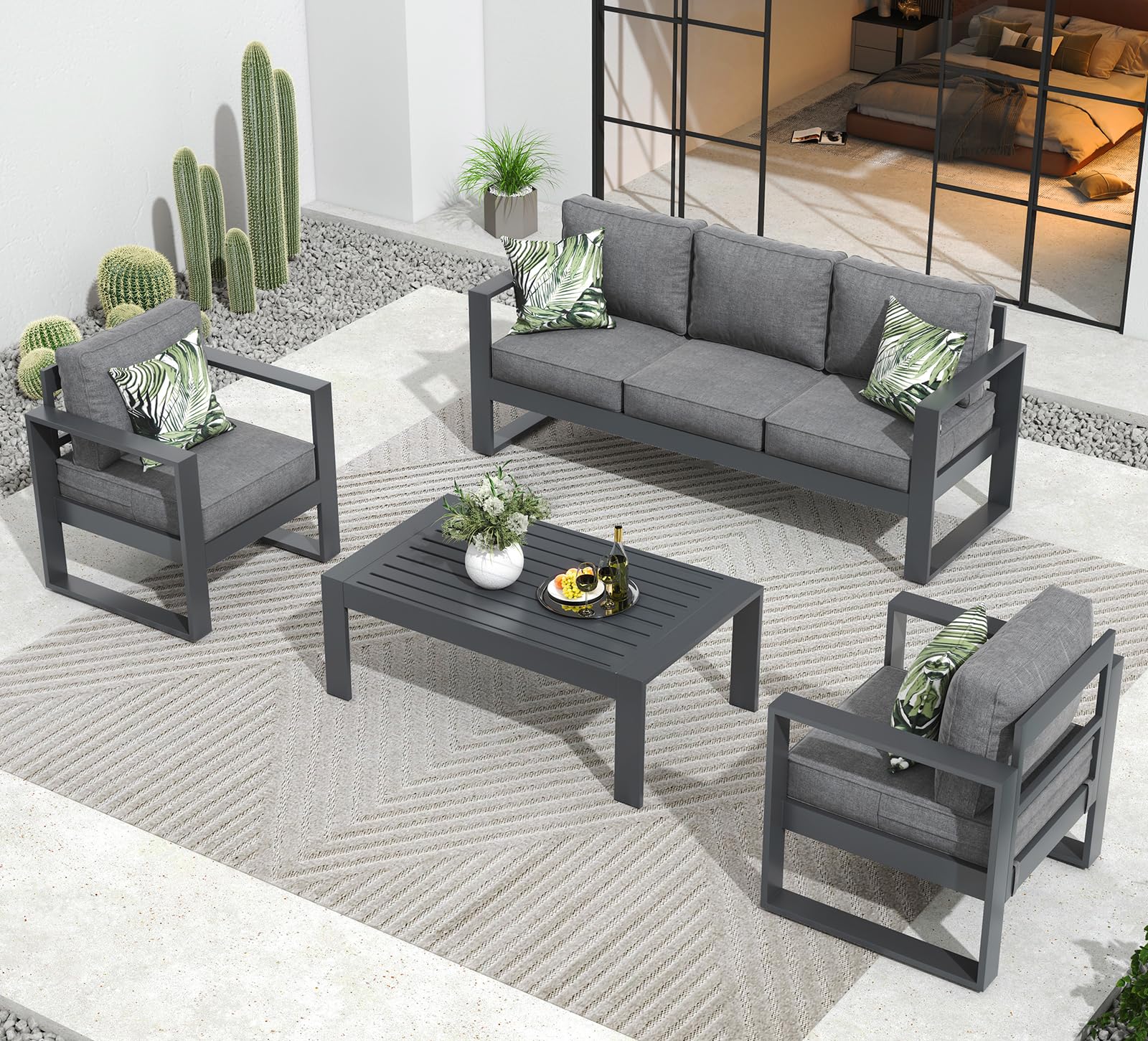 Vakollia Outdoor Aluminum Furniture Set - 4 Pieces Modern Patio Conversation Sets Metal Sectional Sofa with Coffee Table