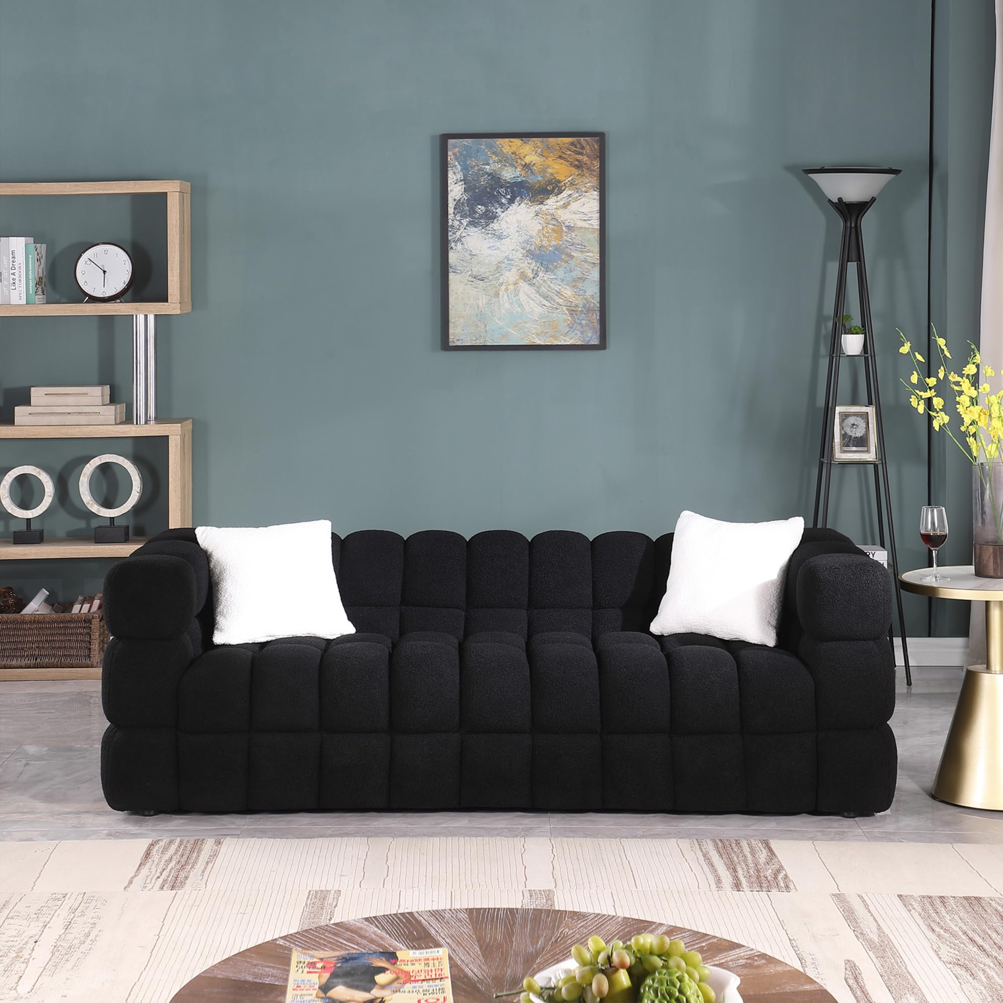 GNIXUU Cloud Sofa Large Couch, Modern Marshmallow Boucle Fabric Couches with Plastic Legs Upholstered Tufted 3 Seater Sofa with 2 Pillows for Living Room, Bedroom, Office, 84 Inch Wide(Black)