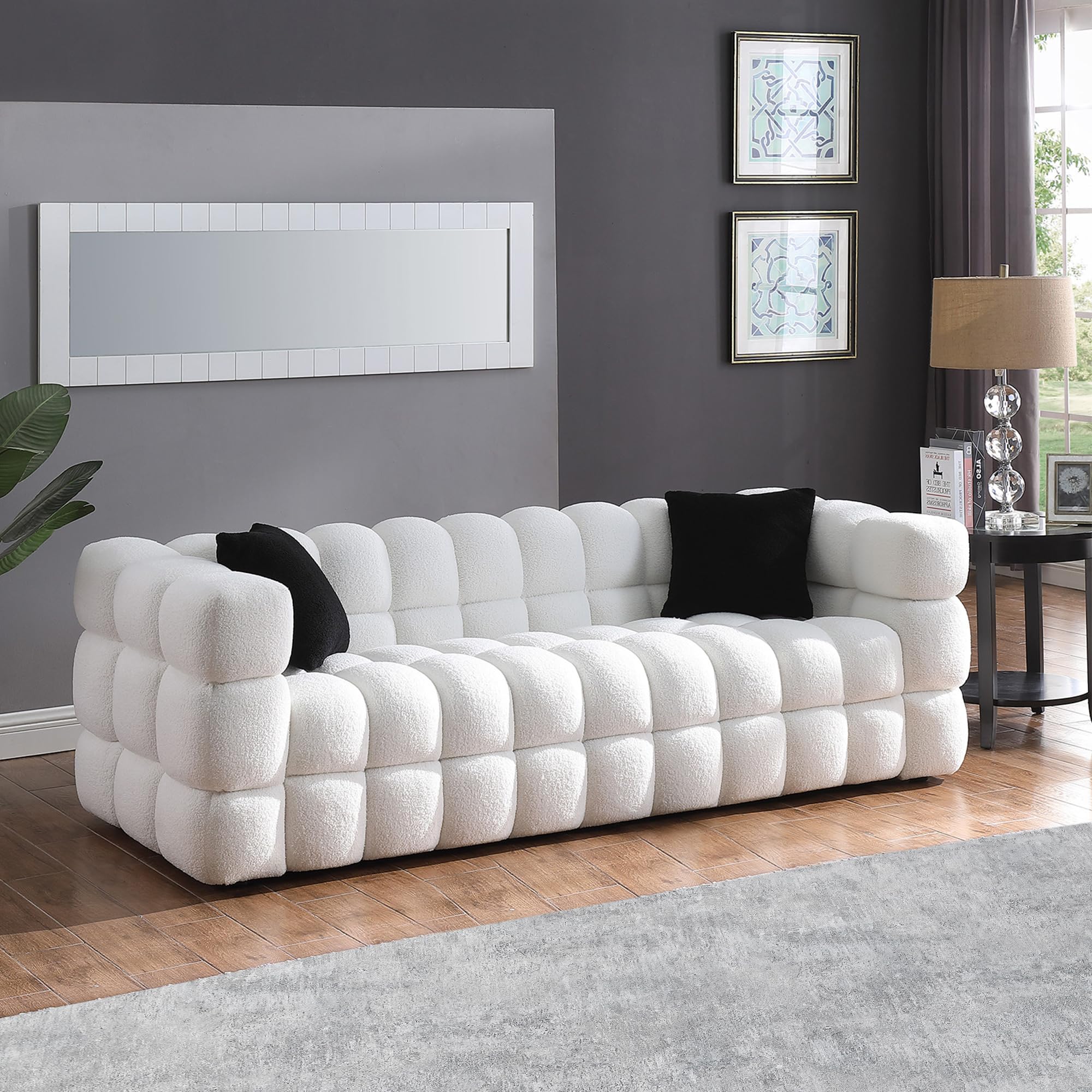 GNIXUU Cloud Sofa Large Couch, Modern Marshmallow Boucle Fabric Couches with Plastic Legs Upholstered Tufted 3 Seater Sofa with 2 Pillows for Living Room, Bedroom, Office, 84 Inch Wide(White)