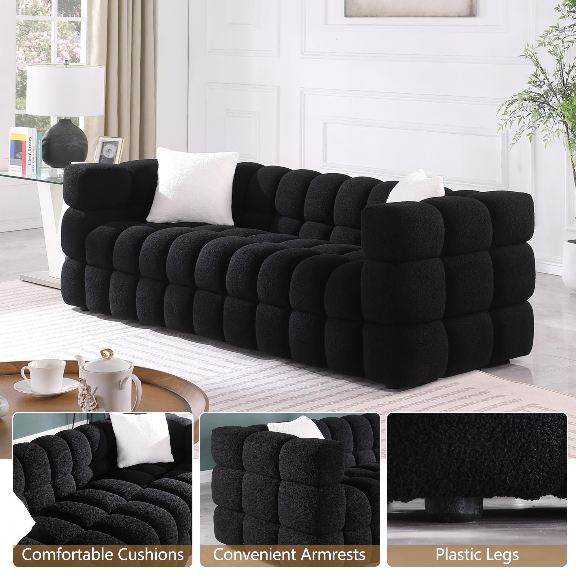 GNIXUU Modern Cloud Sofa Large Couch, 3-Seater Couch and Loveseat Sofa, Marshmallow Boucle Fabric Couches with Plastic Legs, 4 Pillows for Living Room, Office, 84/62 Inch Wide(Black)