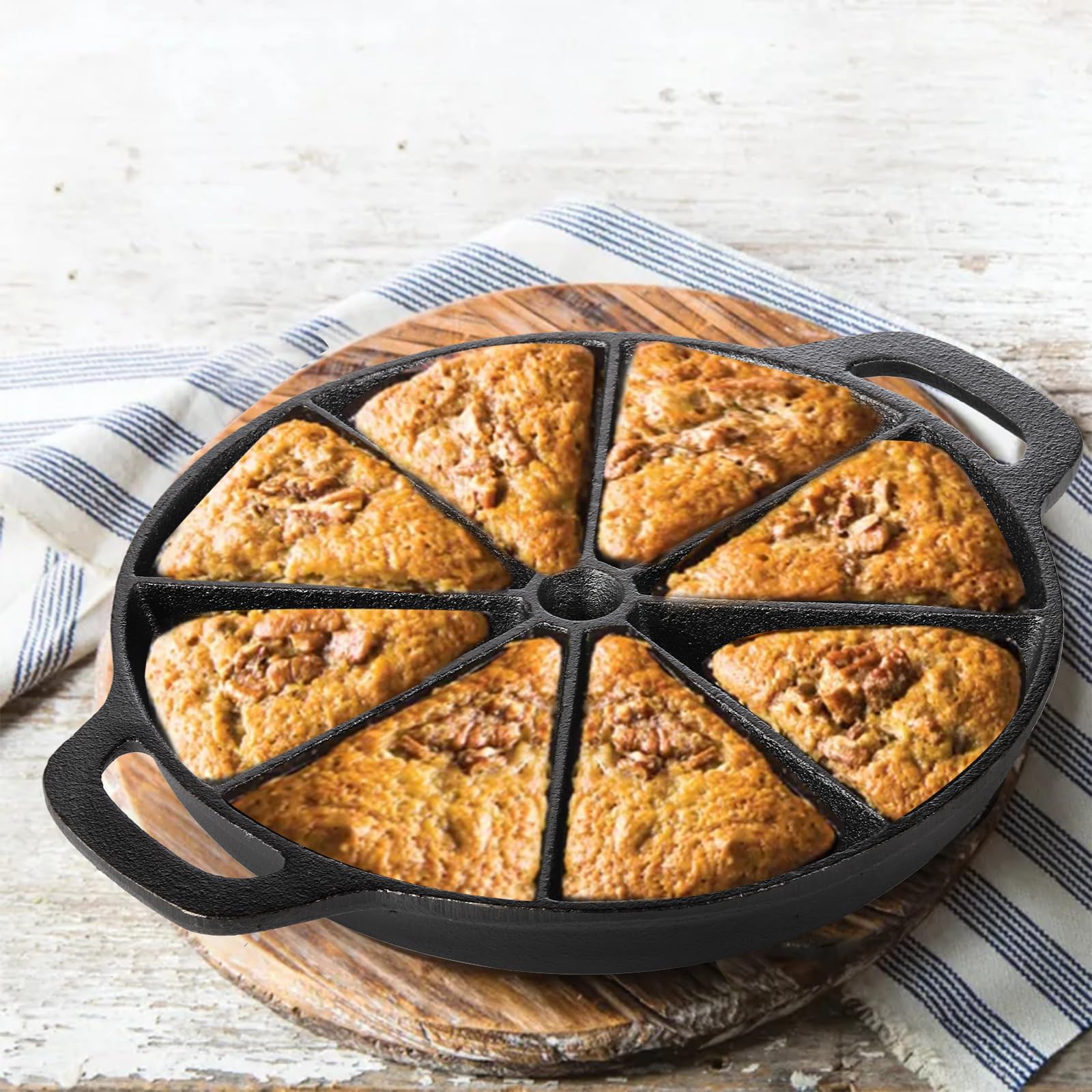 WUWEOT Cast Iron Wedge Pan, Non stick Round Corn Bread Skillet, Black 8-edges Biscuit Pan with Double Handles for Scones, Corn Stick Pan, Muffins, Cup Cakes and Brownies