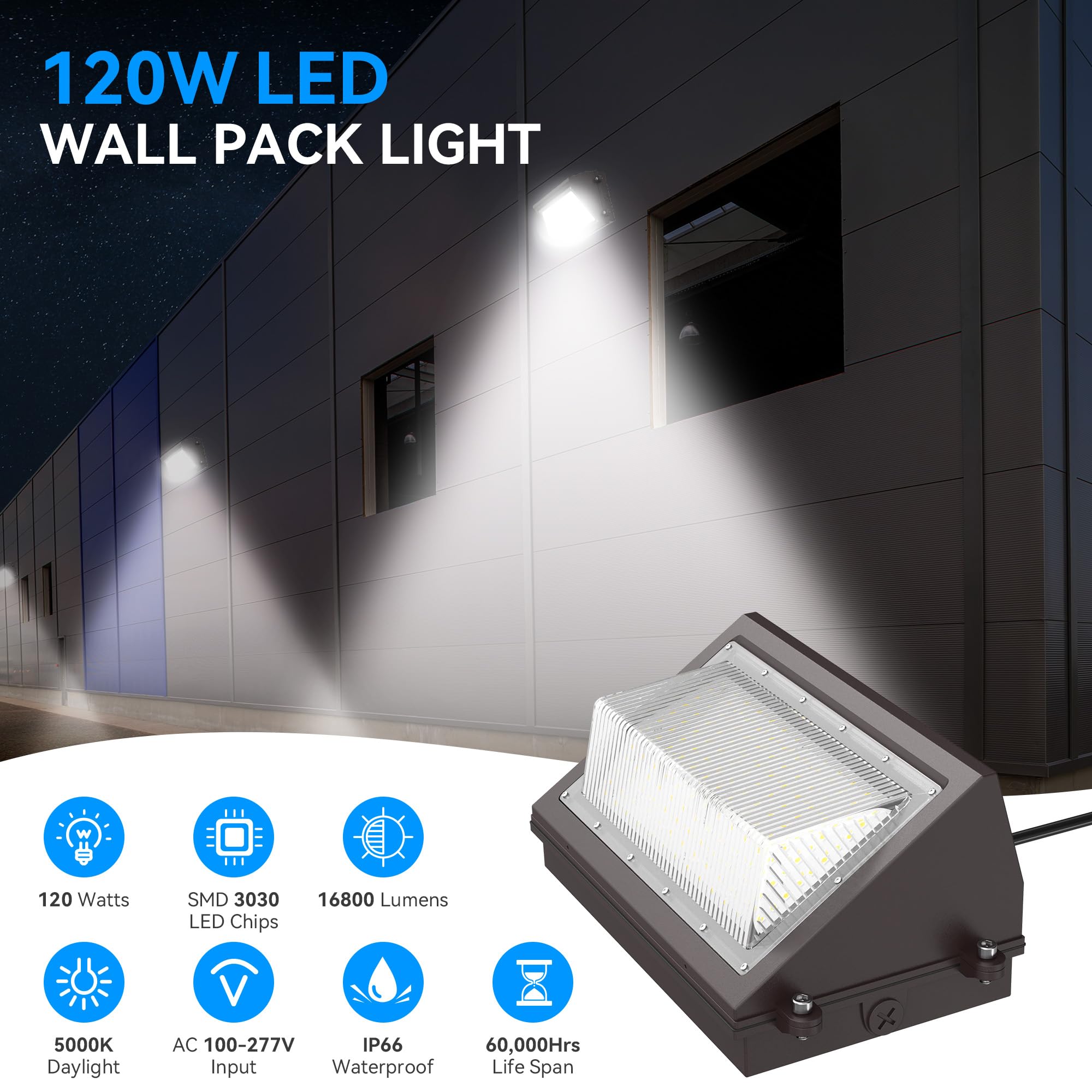 120W LED Wall Pack Light with Dusk-to-Dawn Sensor, 16800LM 5000K LED Security Flood Lighting, 100-277V Commercial and Industrial Outdoor LED Wall Lights for Parking Lots|Warehouses|Factories|House