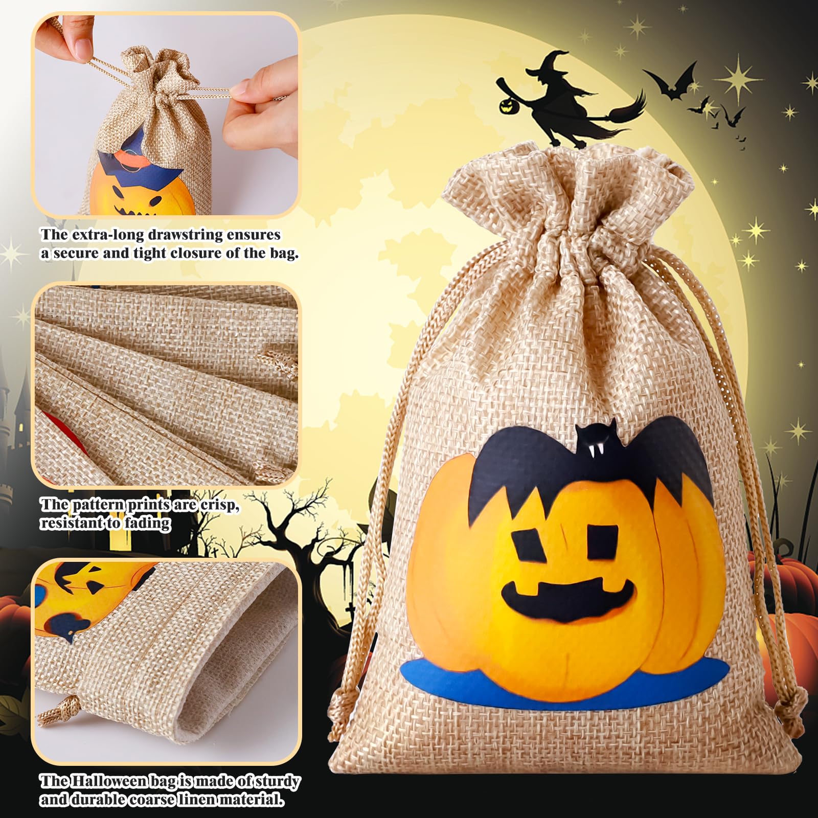 WenTao Halloween Burlap Gift Bags with Drawstrings, 24PCS Candy Pouch Halloween Treat Bags with Different Designs