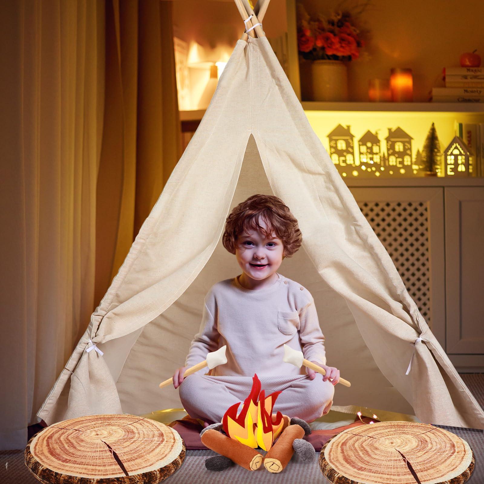 Kigley 24 Pcs Pretend Camping Play Set with Teepee Tent Fake Campfire Felt Toys Wood Style Throw Pillow Cushion for Boys Girls Adults Dramatic Play Home Decorations