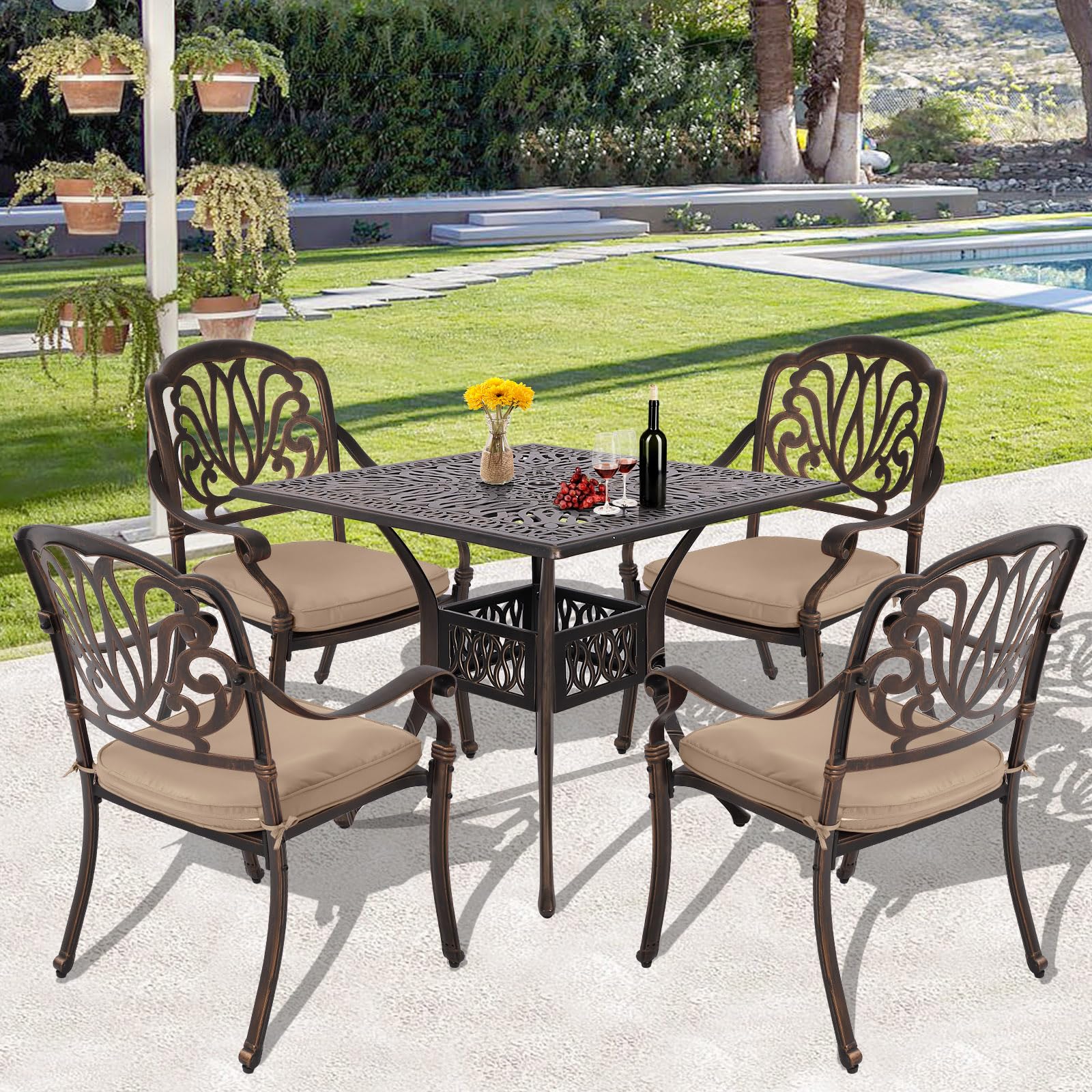 Grepatio 5 Piece Cast Aluminum Patio Dining Set Outdoor Furniture Set Patio Garden Set with 4 Ding Chairs, 4 Cushions and 35.4" Square Patio Table 2.4" Umbrella Hole, Antique Bronze (Khaki)