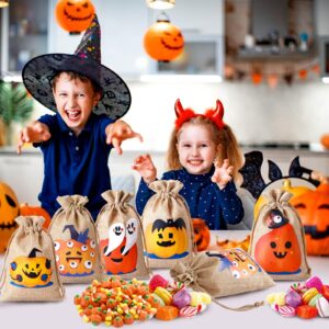 WenTao Halloween Burlap Gift Bags with Drawstrings, 24PCS Candy Pouch Halloween Treat Bags with Different Designs