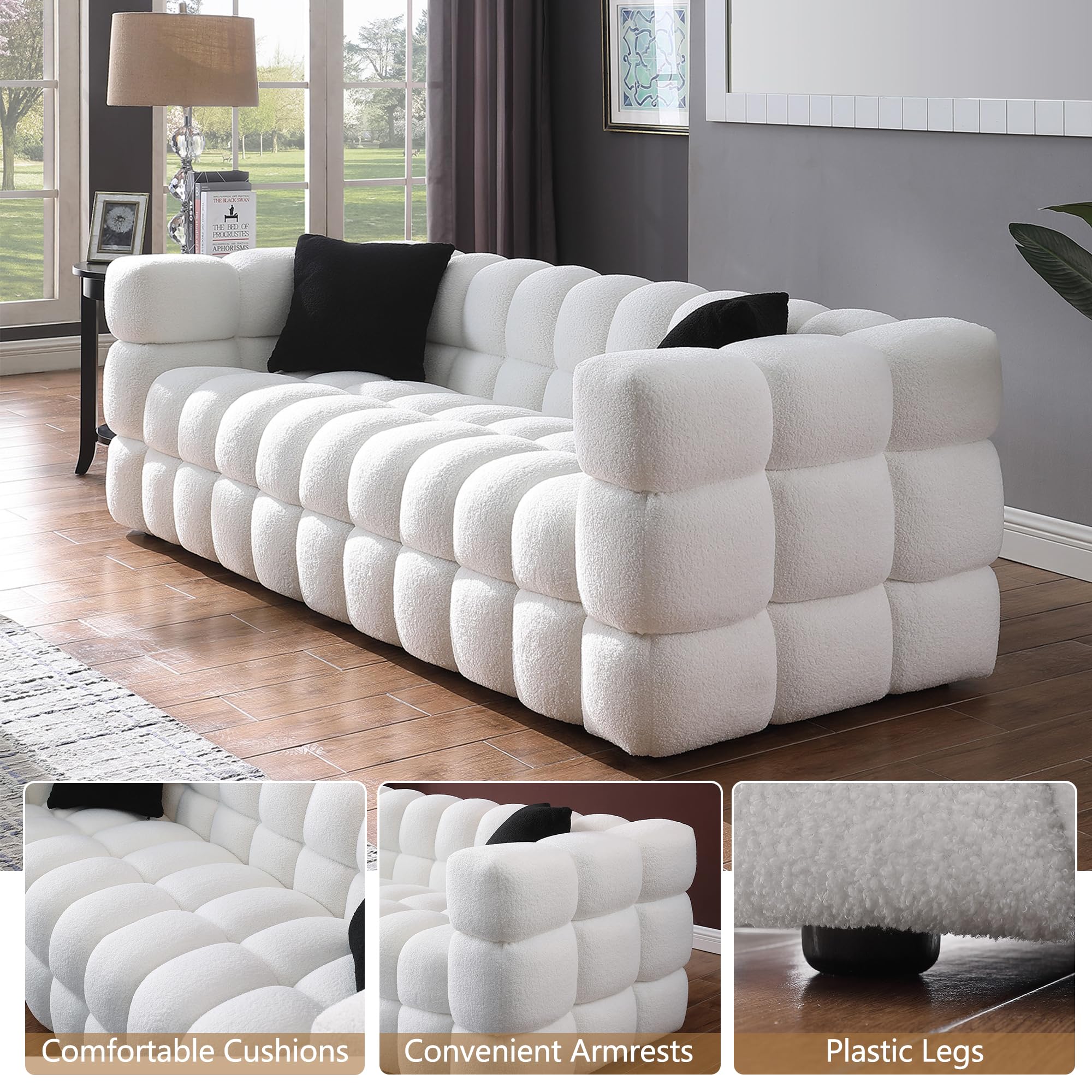 GNIXUU Cloud Sofa Large Couch, Modern Marshmallow Boucle Fabric Couches with Plastic Legs Upholstered Tufted 3 Seater Sofa with 2 Pillows for Living Room, Bedroom, Office, 84 Inch Wide(White)